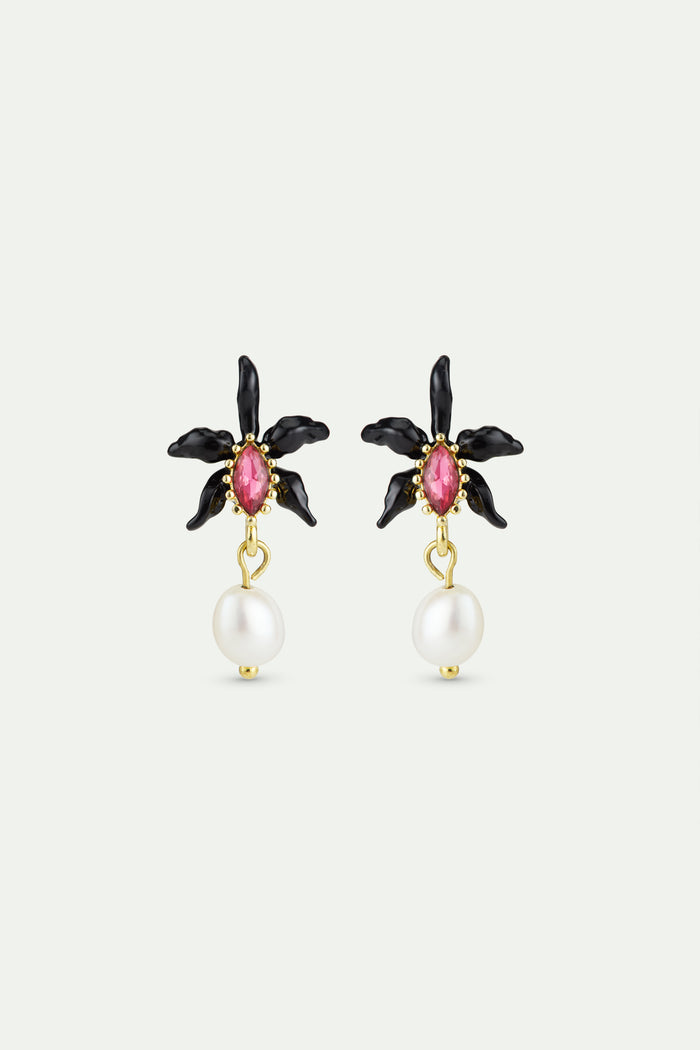 les néréides Dangle Post Earrings with Black Orchid Faceted Pink Crystal and Cultured Pearl - Black