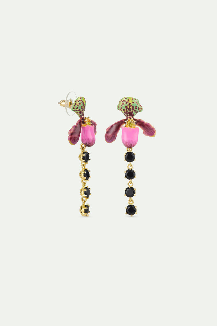 Les Néréides Dangle Post Earrings With Purple Lady's Slipper Orchid And Black Faceted Glass - Multicolor
