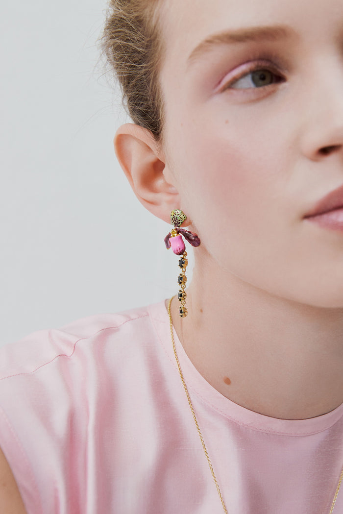 Les Néréides Dangle Post Earrings With Purple Lady's Slipper Orchid And Black Faceted Glass - Multicolor