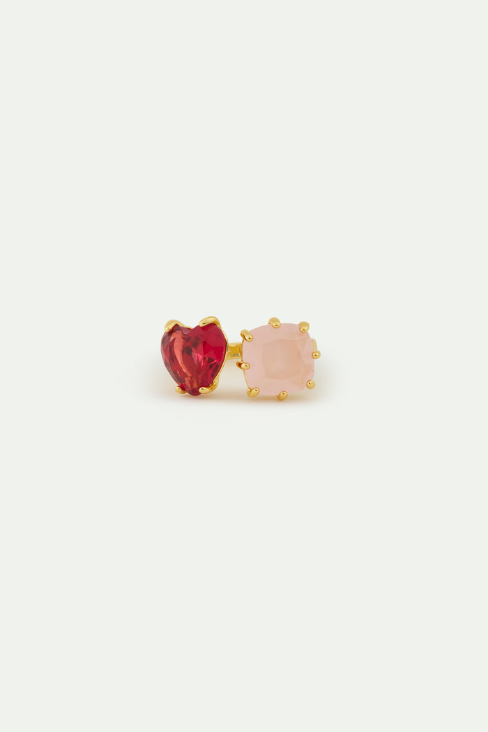 Les Néréides Dark Pink And Light Pink Diamantine You And Me Adjustable Ring With Heart-Shaped And Square Stones - Pink