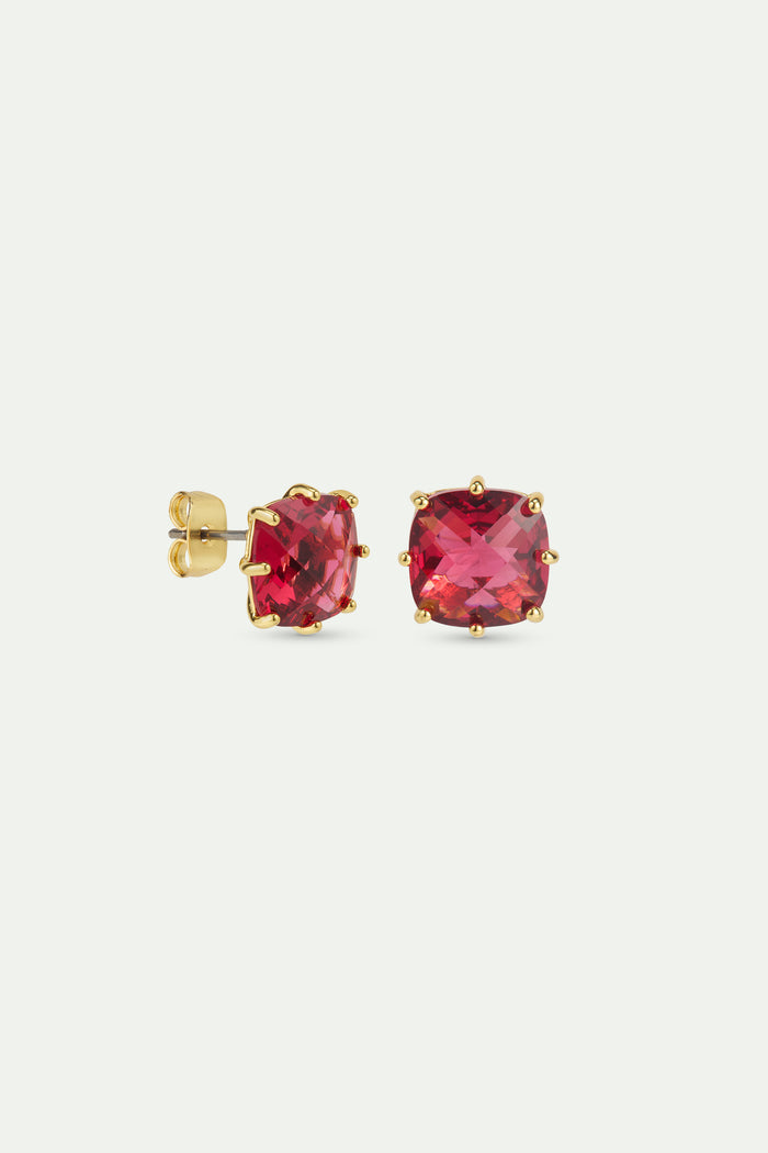 Les Néréides Dark Pink Diamantine Square Stone Post Earrings - Pink