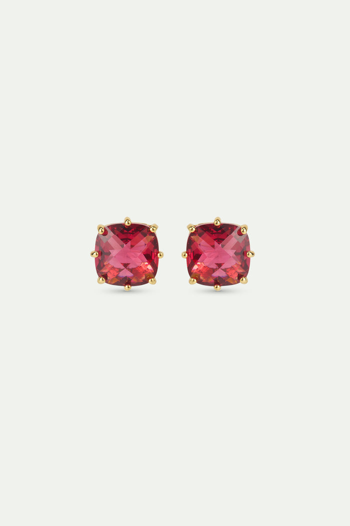 les néréides Dark Pink Diamantine Square Stone Post Earrings - Pink