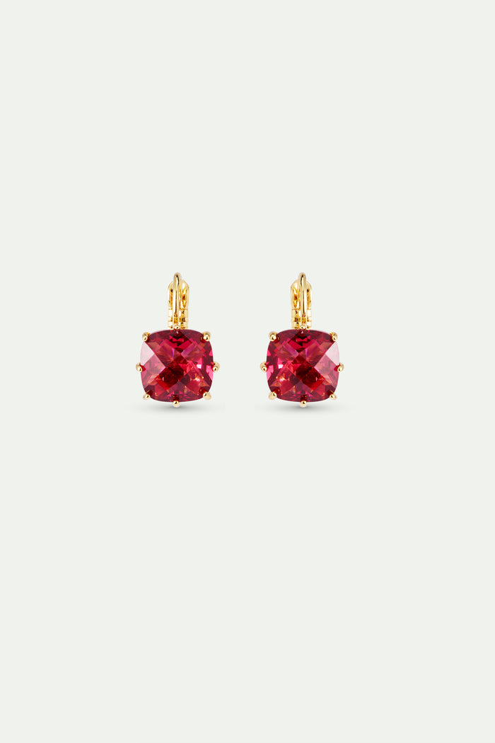 les néréides Dark Pink Diamantine Square Stone Sleeper Earrings - Pink