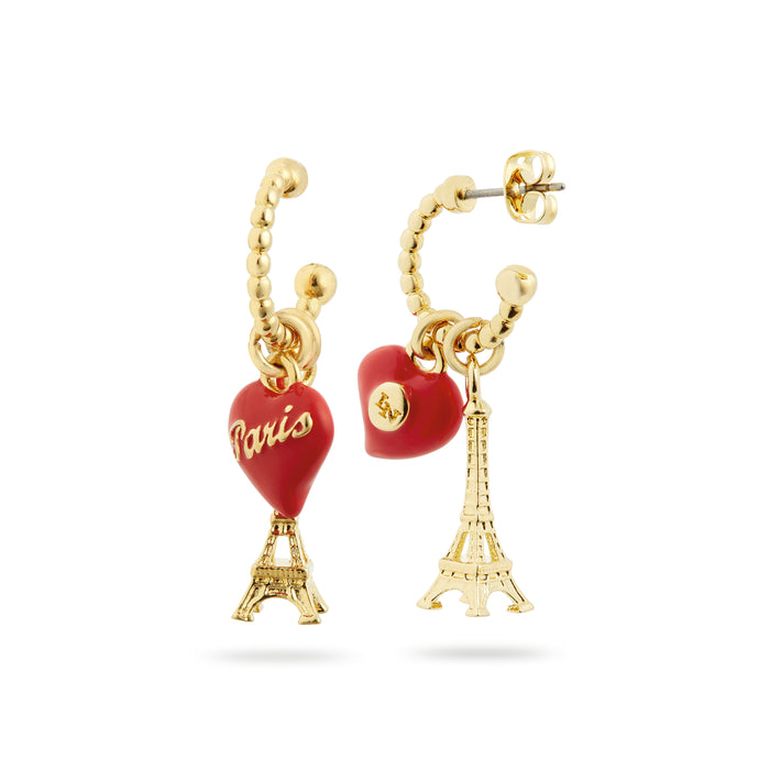 Les Néréides Eiffel Tower And Red Heart Post Hoop Earrings - Multicolor