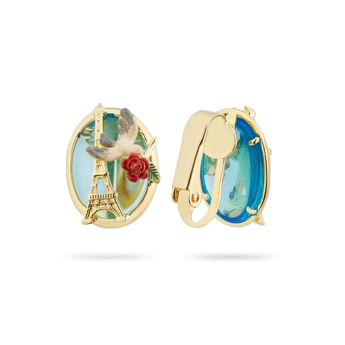 Les Néréides Eiffel Tower Sparrow And Rose Clip-On Earrings - Muticolor