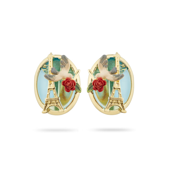les néréides Eiffel Tower Sparrow and Rose Clip-On Earrings - Muticolor
