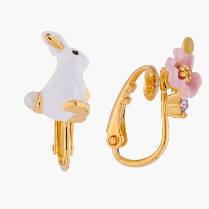 Les Néréides ENCHANTED ENCOUNTER Bunny And Pink Flower Asymmetrical Clip-on Earrings - Multicolor