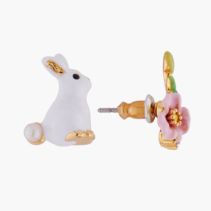 Les Néréides ENCHANTED ENCOUNTER Bunny And Pink Flower Asymmetrical Stud Earrings - Multicolor