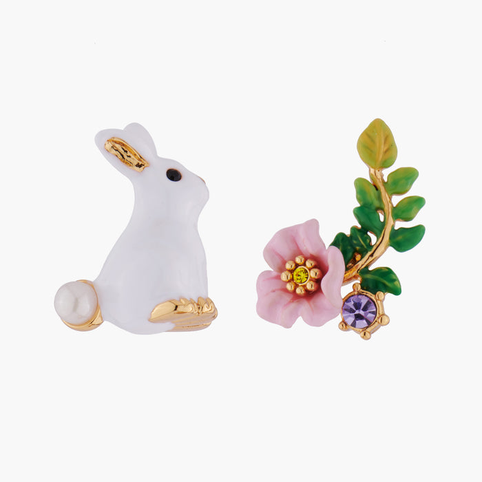 les néréides ENCHANTED ENCOUNTER Bunny and Pink flower Asymmetrical Stud Earrings - Multicolor