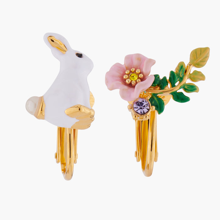 les néréides ENCHANTED ENCOUNTER Bunny and Pink flower Asymmetrical Clip-on Earrings - Multicolor