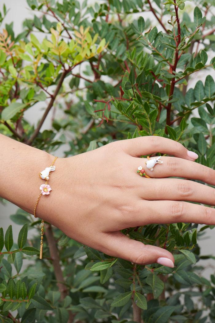 Les Néréides ENCHANTED ENCOUNTER Bunny And Pink Flower Thin Chain Bracelet - Multicolor