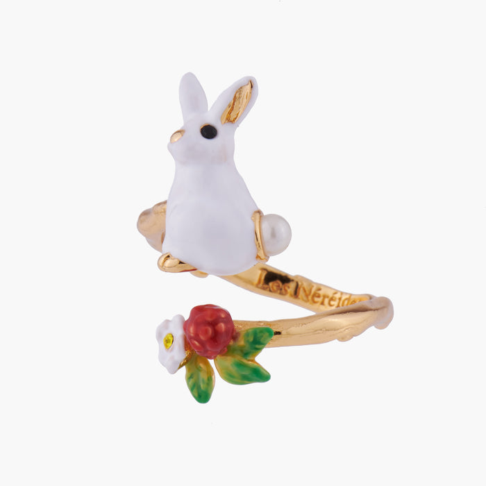 les néréides Enchanted Encounter Bunny and White Flower Adjustable Ring - White