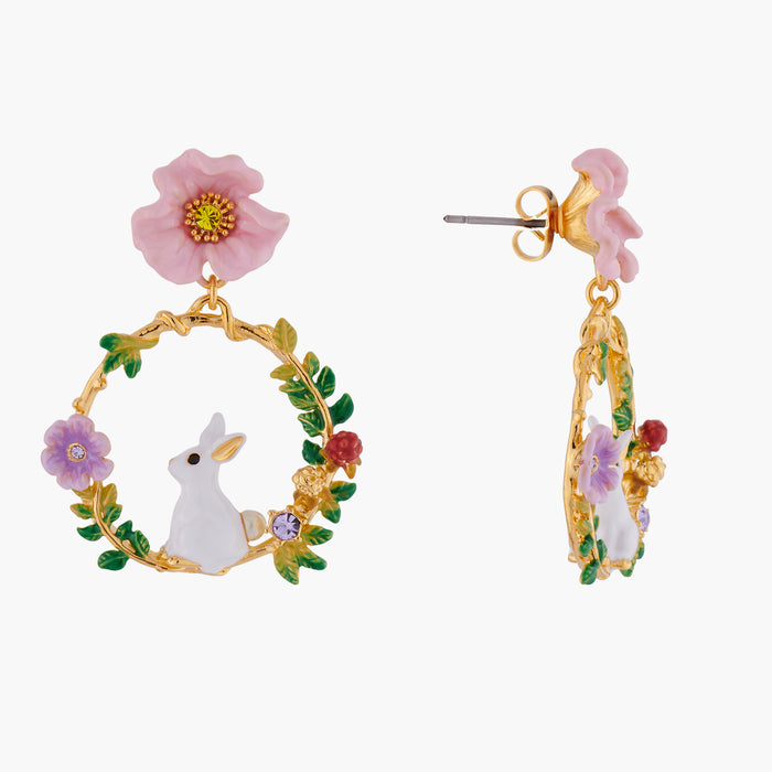 Les Néréides ENCHANTED ENCOUNTER Bunny On Flowered Branch Stud Creoles - Multicolor