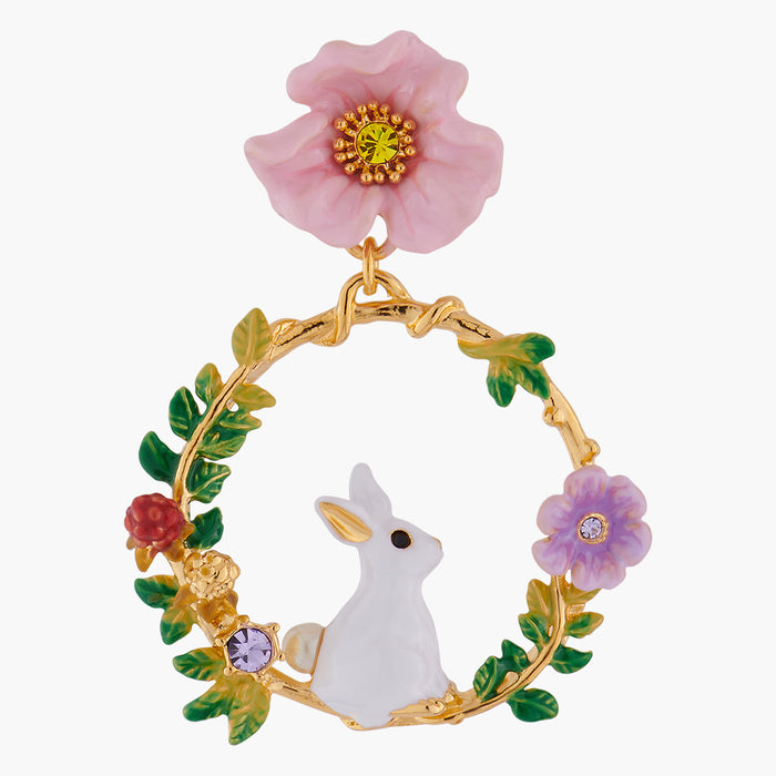 Les Néréides ENCHANTED ENCOUNTER Bunny On Flowered Branch Stud Creoles - Multicolor