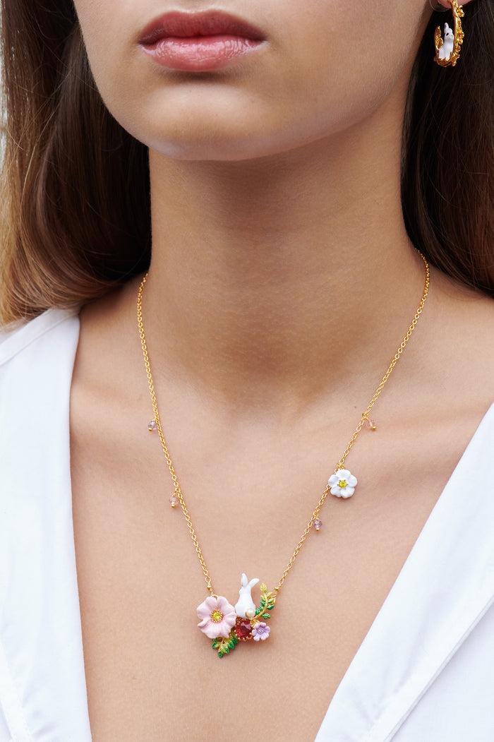 Les Néréides Enchanted Encounter Bunny On Pink Flower Pendant Necklace - Multicolor