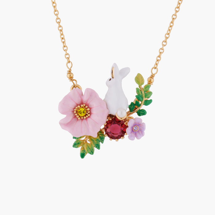les néréides Enchanted Encounter Bunny on Pink Flower Pendant Necklace - Multicolor