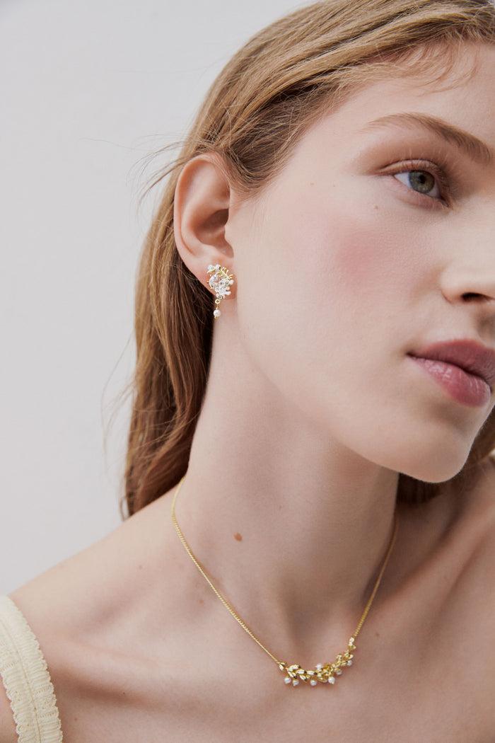 Les Néréides Faceted Stone Post Earrings With Clematis Flower And Japanese Kerria Golden Laurel White Wisteria And Cultured Pearl - White