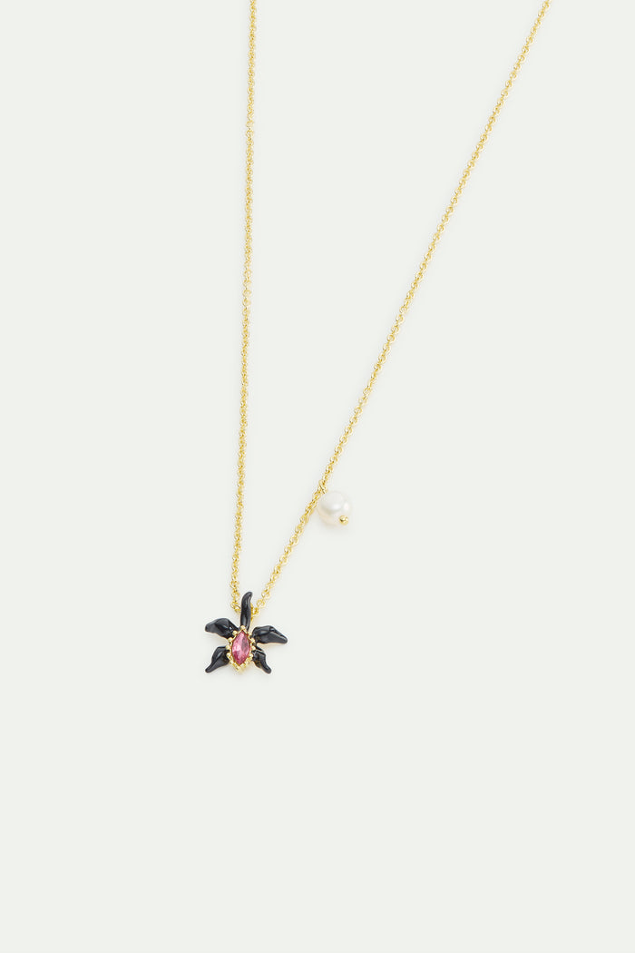 Les Néréides Fine Black Orchid Necklace With Pink Faceted Crystal And Cultured Pearl - Black