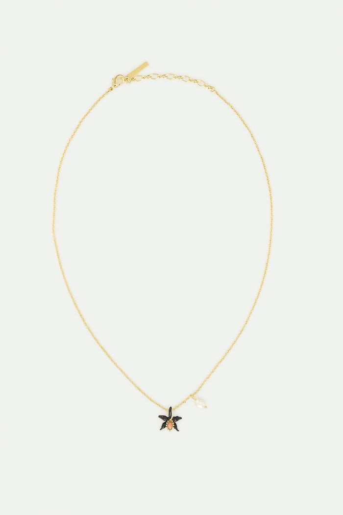 Les Néréides Fine Black Orchid Necklace With Pink Faceted Crystal And Cultured Pearl - Black