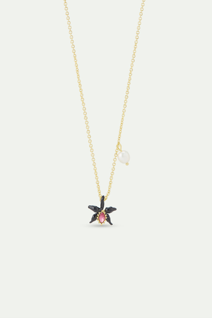 les néréides Fine Black Orchid Necklace with Pink Faceted Crystal and Cultured Pearl - Black