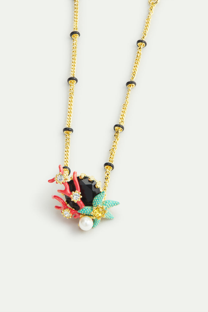 Les Néréides Fine Bracelet With Black Round Faceted Stone Red Coral Blue Starfish And Cultured Pearl - Multicolor