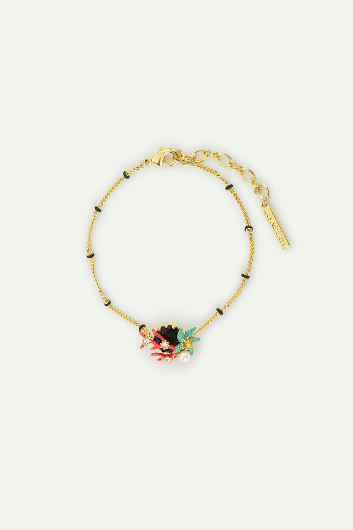 les néréides Fine Bracelet with Black Round Faceted Stone Red Coral Blue Starfish and Cultured Pearl - Multicolor
