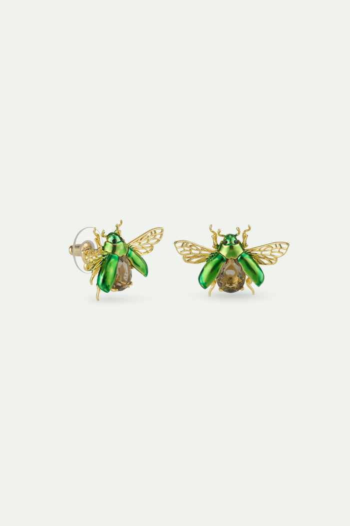 Les Néréides Flying Green Rose Chafer And Black Faceted Glass Stone Post Earrings - Green