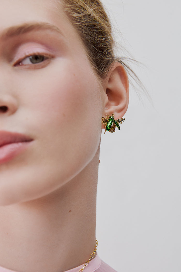 Les Néréides Flying Green Rose Chafer And Black Faceted Glass Stone Post Earrings - Green