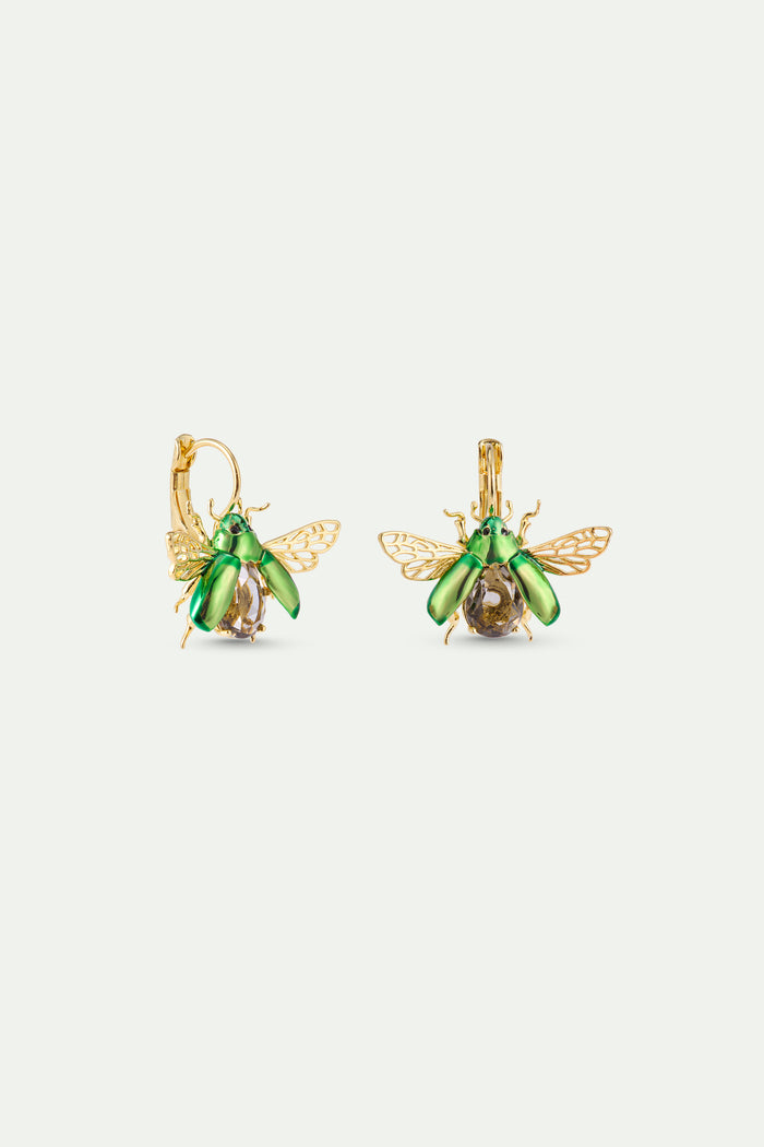 Les Néréides Flying Green Rose Chafer And Black Faceted Glass Stone Sleeper Earrings - Green