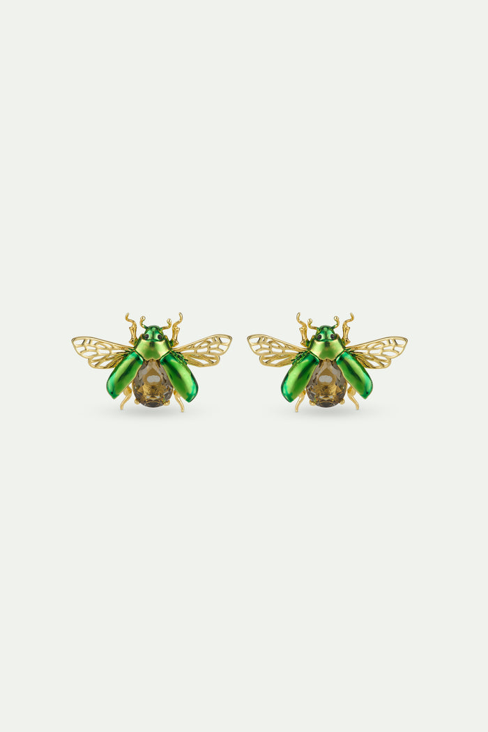les néréides Flying Green Rose Chafer and Black Faceted Glass Stone Post Earrings - Green