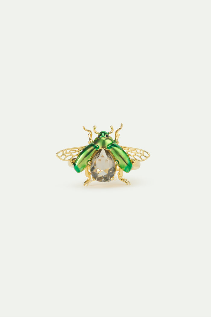 Les Néréides Flying Green Rose Chafer And Black Faceted Stone Ring - 5.5 (50 Mm) / Green