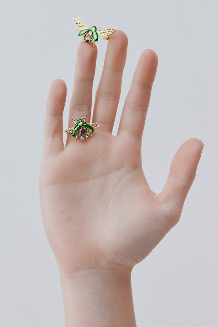 Les Néréides Flying Green Rose Chafer And Black Faceted Stone Ring - 5.5 (50 Mm) / Green