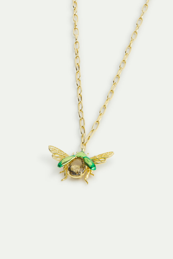 Les Néréides Flying Green Rose Chafer Pendant Necklace With Black Faceted Stone - Green