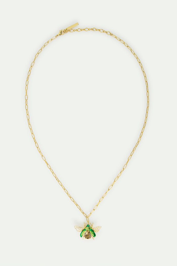 Les Néréides Flying Green Rose Chafer Pendant Necklace With Black Faceted Stone - Green