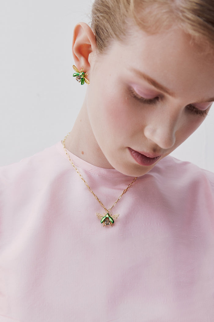 Les Néréides Flying Green Rose Chafer Pendant Necklace With Black Faceted Stone - Green