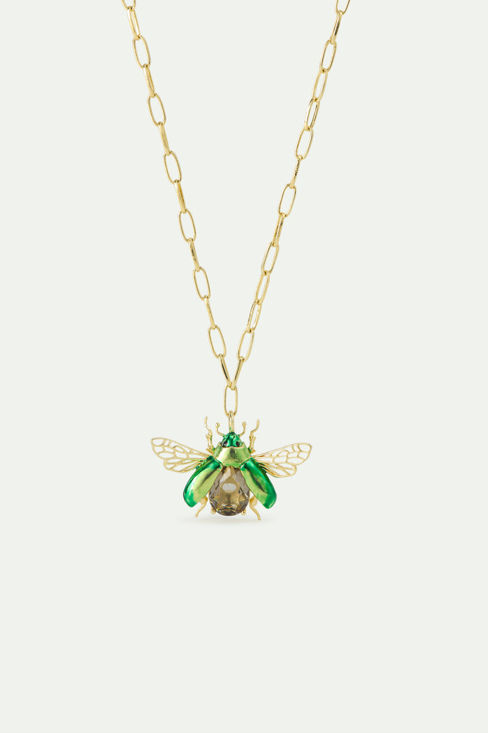les néréides Flying Green Rose Chafer Pendant Necklace with Black Faceted Stone - Green