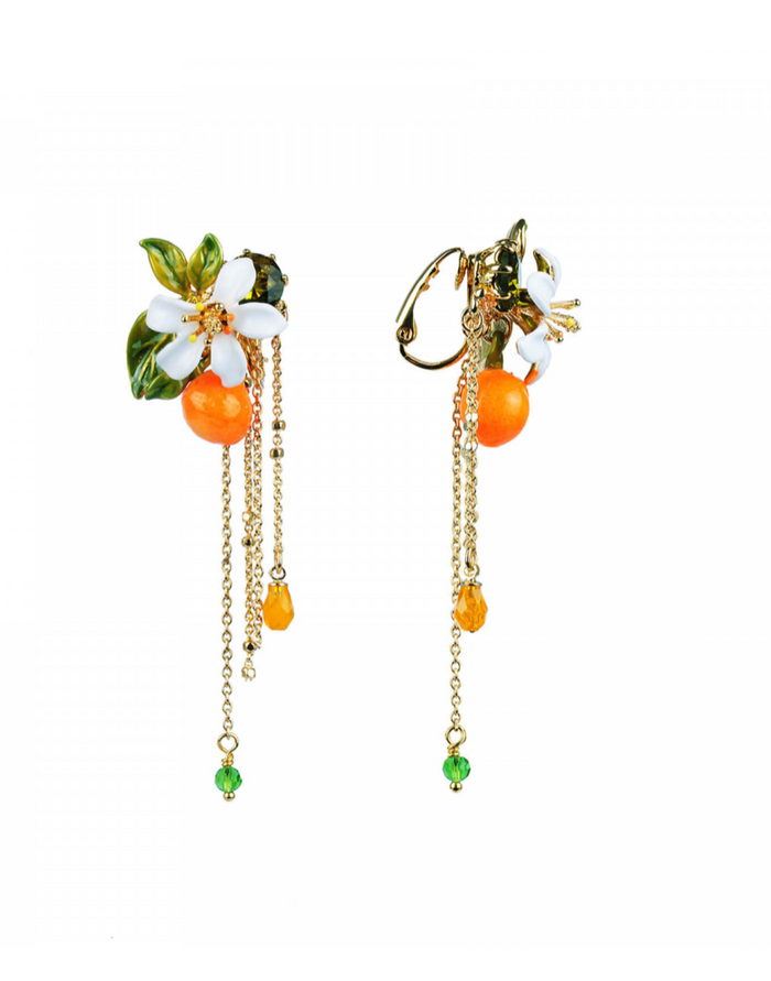 Les Néréides Gardens In Provence Orange Blossom Chain Clip Earrings - Orange White Green