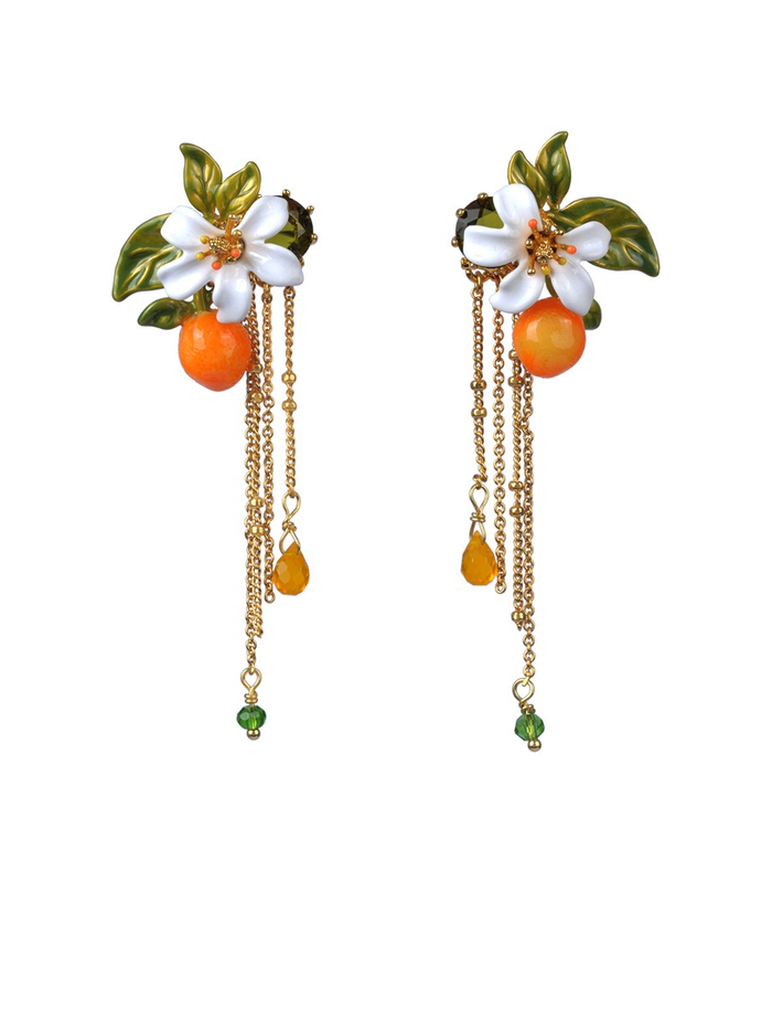 les néréides Gardens In Provence Orange Blossom Chain Clip Earrings - Orange White Green