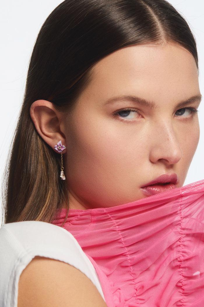 Les Néréides Gold Hydrangea Flowers Dangle Post Earrings - Purple