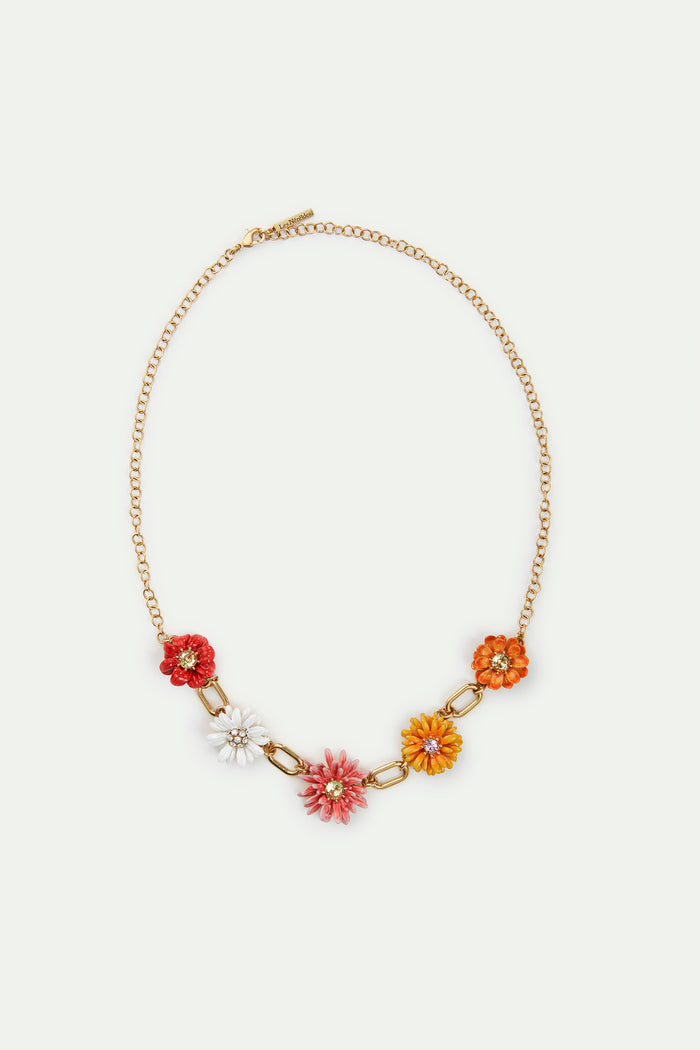 Les Néréides Gold Link Necklace With Daisy And Zinnia Flowers - Multicolor