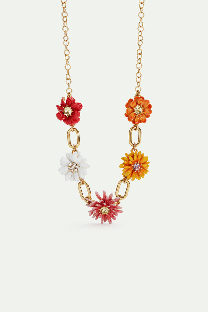 les néréides Gold Link Necklace with Daisy and Zinnia Flowers - Multicolor