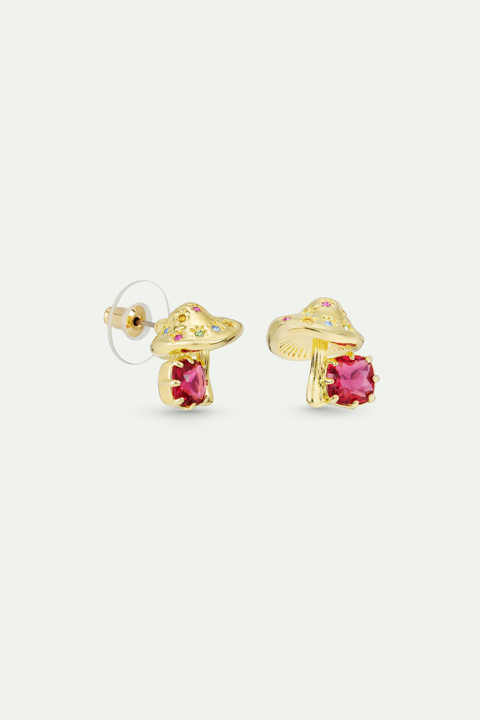 Les Néréides Gold Mushroom And Pink Faceted Stone Post Earrings - Gold