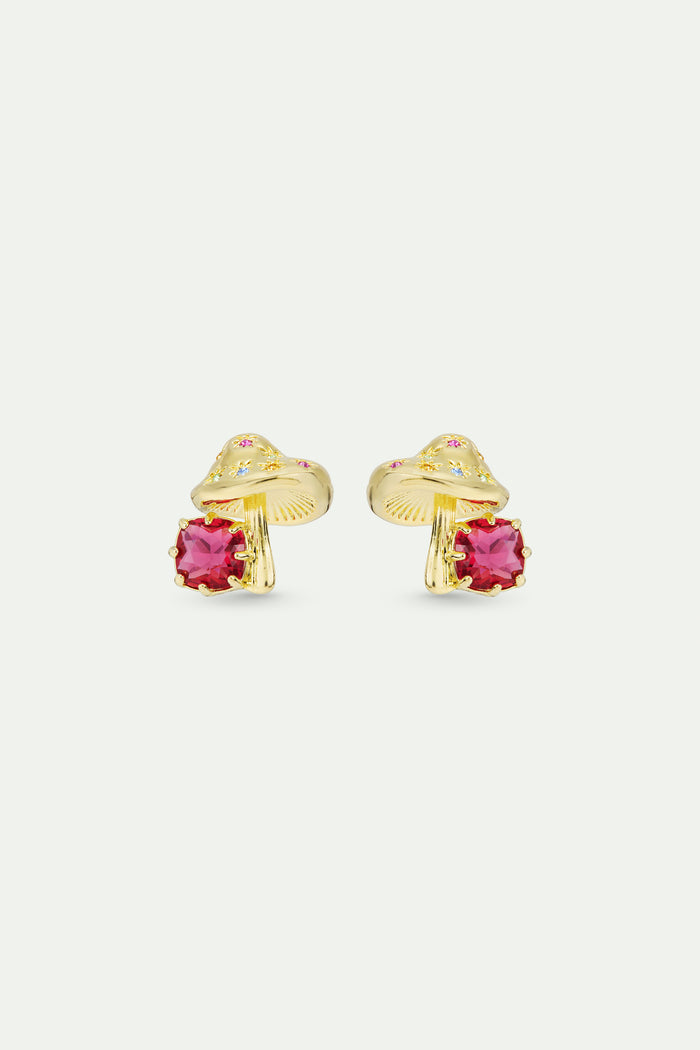 les néréides Gold Mushroom and Pink Faceted Stone Post Earrings - Gold