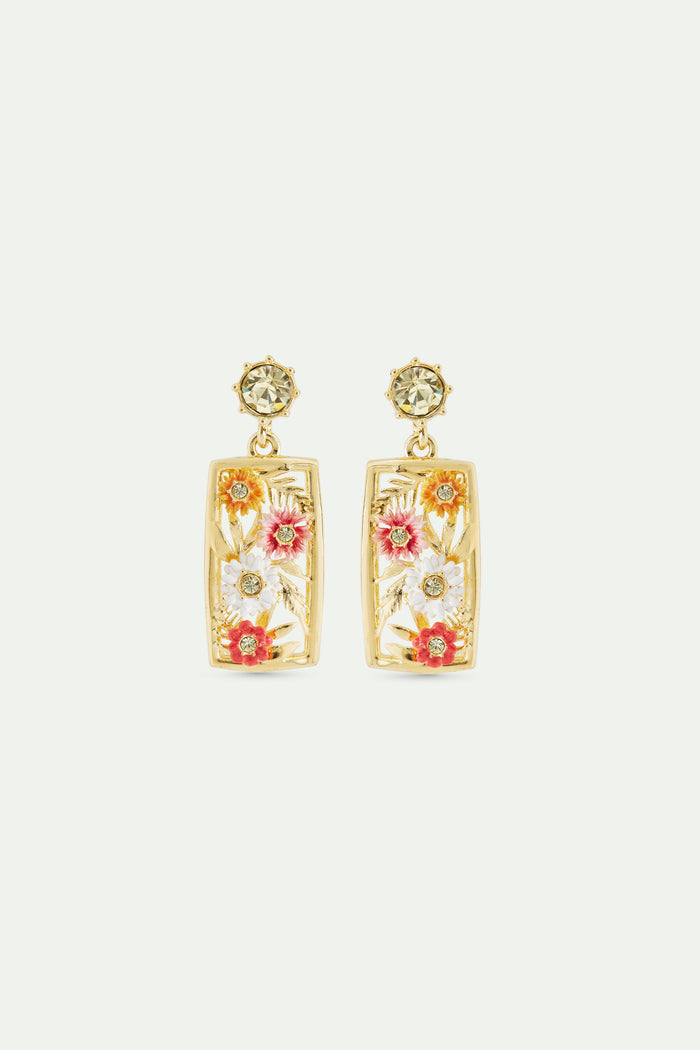 les néréides Gold-Plated Openwork Post Earrings with Zinnias and Faceted Yellow Crystal - Multicolor