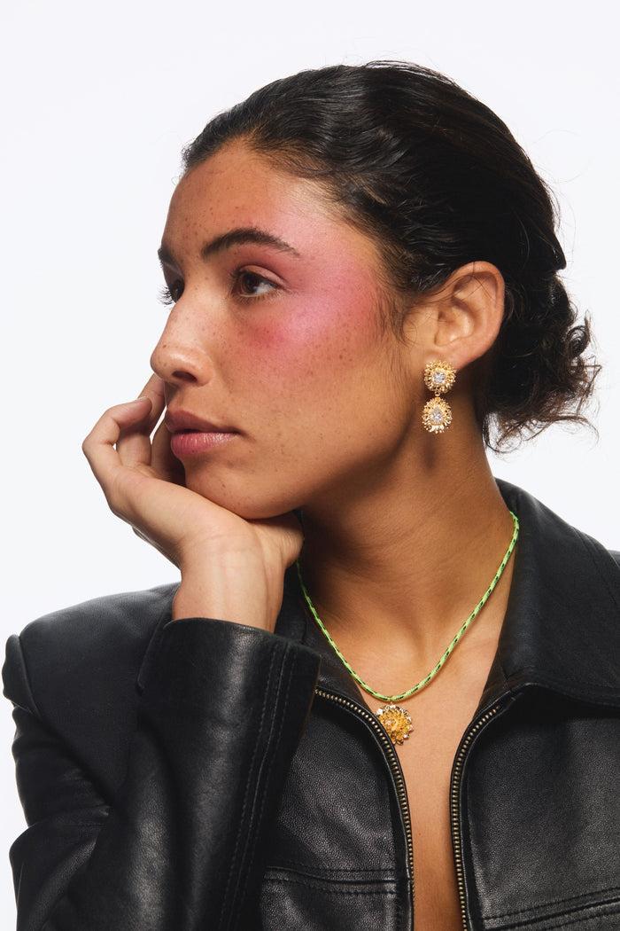 Les Néréides Golden Dandelion And Cut Stone Dangle Post Earrings - Gold