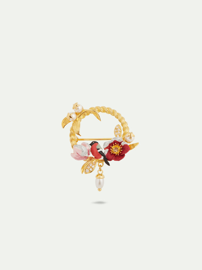 les néréides Hellebore Flowers Bullfinch and Leaves Paved with Cubic Zirconia Brooch - Multicolor