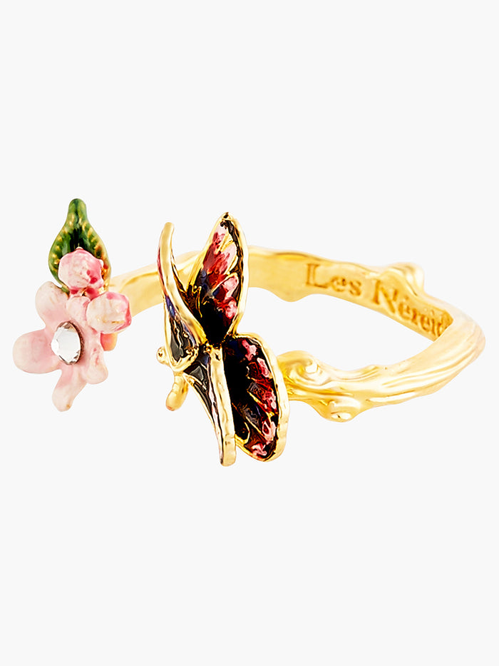 Les Néréides Japanese Emperor Butterfly And Cherry Blossom Adjustable Ring - Multicolor
