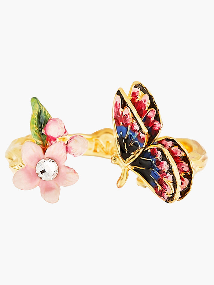 Les Néréides Japanese Emperor Butterfly And Cherry Blossom Adjustable Ring - Multicolor