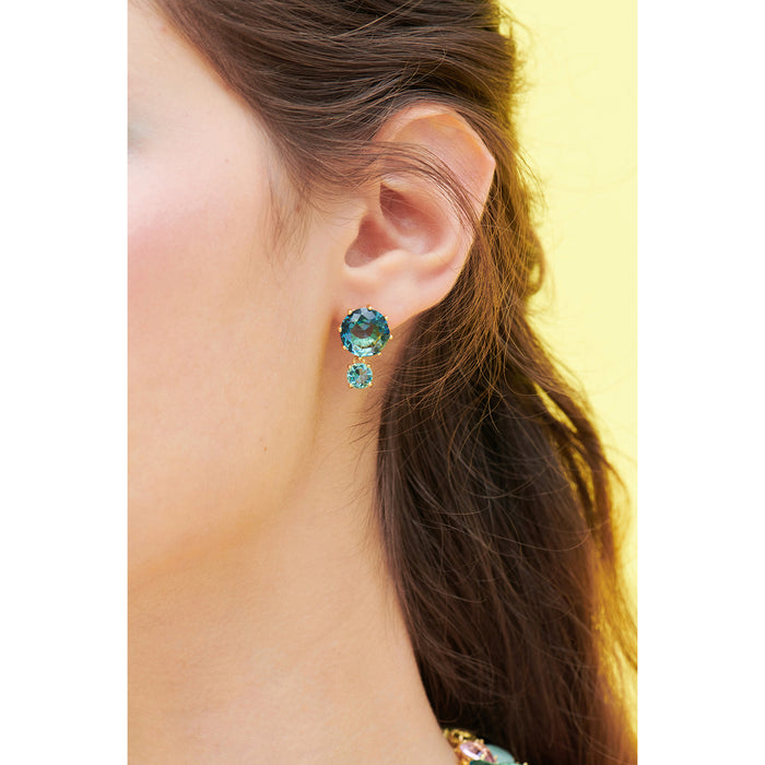 Les Néréides La Diamantine Acqua Azzura Round Stone Sleeper Earrings - Cyan Blue
