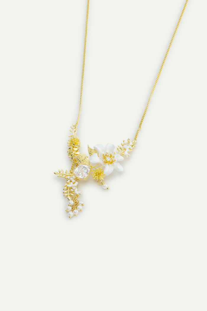 Les Néréides Large Clematis Flower Laurel Japanese Kerria And Cultured Pearls Statement Necklace - White